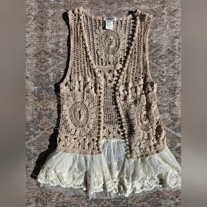 Paisley Vine Tan Crochet Vest W/ Lace & Pearl Details One Size